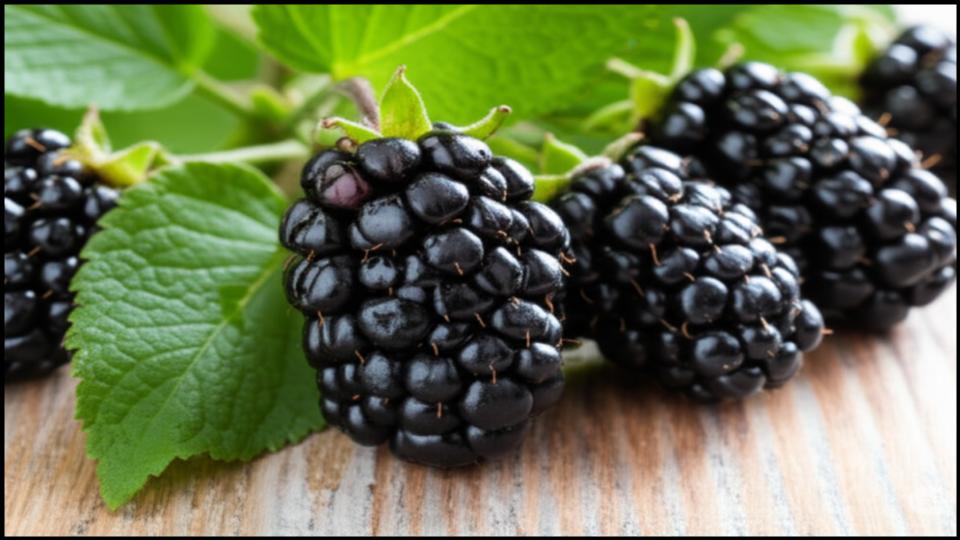 The Ultimate Guide to Growing Blackberries Indoors for Nonstop Fruit All Year 2 Ripe blackberries with green leaves on a wooden surface
