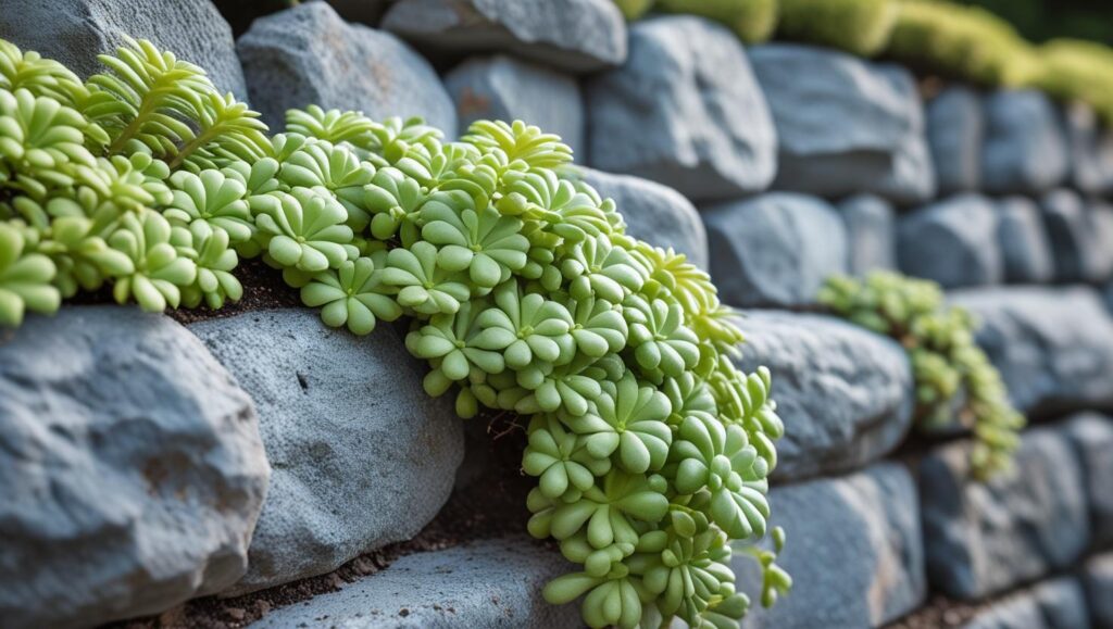 Beyond the Lawn: 8 Unique Ground Cover Plants That Thrive Annually 2 'Angelina' Sedum spilling over a stone retaining wall