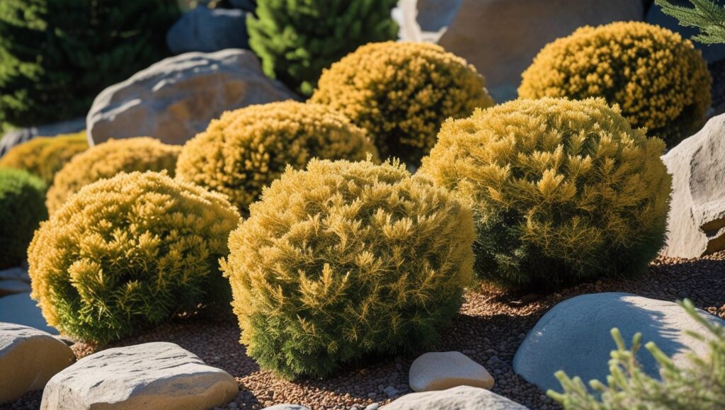 The Essential Guide to 7 Sun-Loving Dwarf Shrubs for Brightening Your Garden 3 'Anna's Magic Ball' Arborvitae shrubs in a sunny rock garden