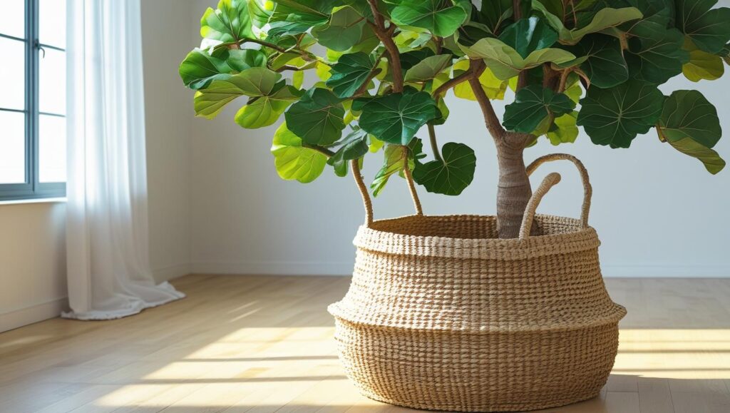 Fiddle Leaf Fig tree in a woven seagrass basket