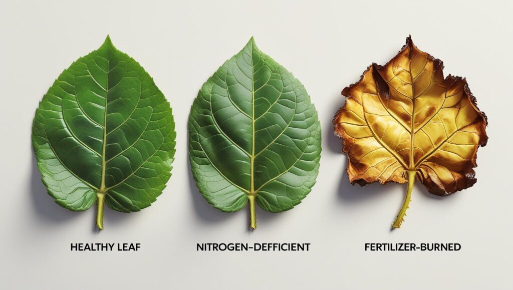 Healthy rose leaf, nitrogen-deficient leaf and fertilizer-burned leaf