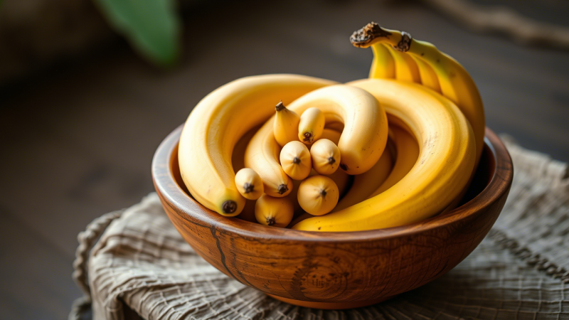 Indian bananas in rustic wooden bowl