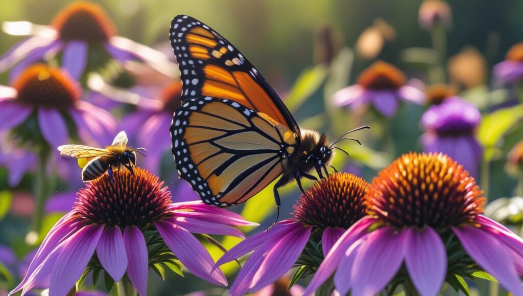 From Turf to Blooms: 9 Creative Front Yard Garden Ideas to Boost Curb Appeal and Biodiversity 2 Monarch butterfly and a bee on purple coneflowers