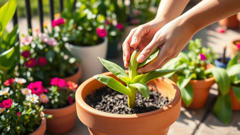 Placing a banana pup into elegant terracotta pot