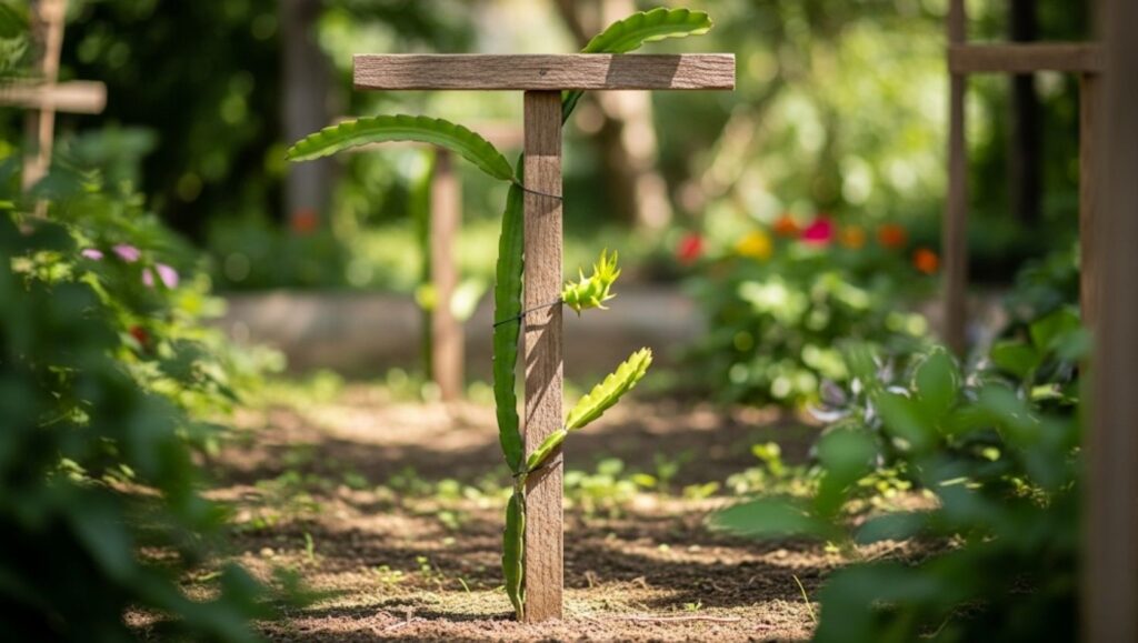 From Cutting to Harvest: A Factual Guide on How to Grow a Dragon Fruit Plant 3 T-shaped wooden trellis supporting a young dragon fruit plant