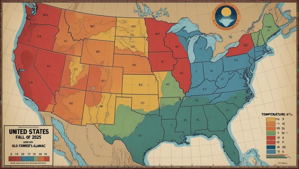 As 234th Edition Arrives, Old Farmer's Almanac Fall Forecast Calls for "Steamy" Autumn Conditions 2 US showing regional temperature predictions from the Old Farmer's Almanac fall forecast for 2025