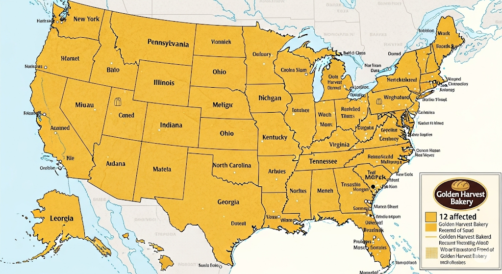 United States highlighting the 12 states affected by the Golden Harvest Bakery bread recall