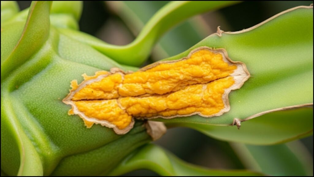 blistered skin of sunscald on a green dragon fruit stem