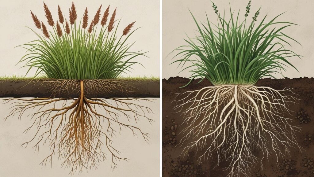 The Gardener's Guide to Watering Ornamental Grass in a Changing Climate 2 comparing a shallow root system from frequent
