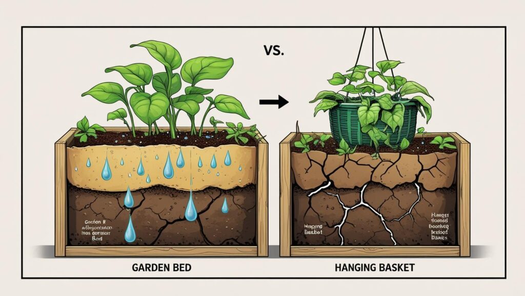 Expert Guide: How Often Should You Water a Pansy Is Just Right? 2 comparing soil moisture evaporation in a garden bed vs a hanging basket