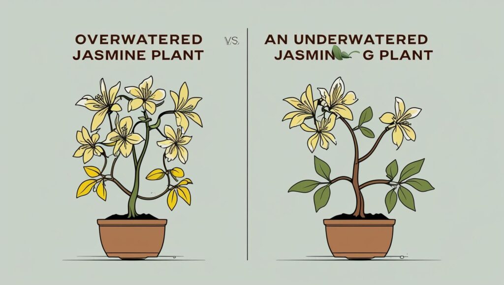 How Often Should You Water a Jasmine Plant? An Expert Guide to Soil, Seasons, and Signs 2 comparing the signs of an overwatered jasmine plant and underwatered jasmine plant.