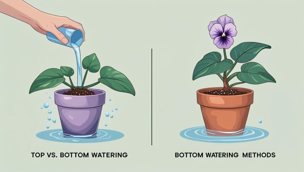 The Expert Consensus: How Often Should You Water a Violet for Optimal Health? 2 comparing top watering and bottom watering for African violets