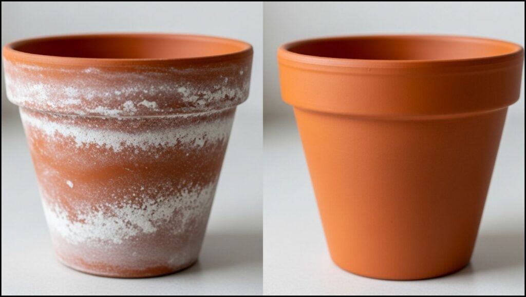 From Kitchen to Compost: How to Use Cream of Tartar in the Garden for Healthier Plants 3 comparison showing a terracotta pot with white mineral stains