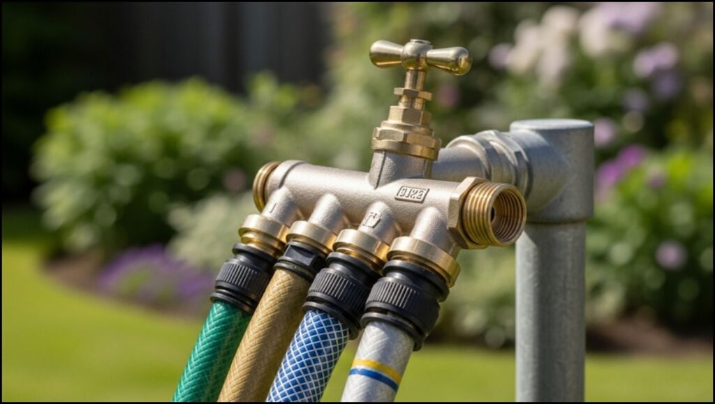 Homeowners Embrace DIY Garden Plumbing for Sustainability and Savings 3 four-way brass hose splitter connected