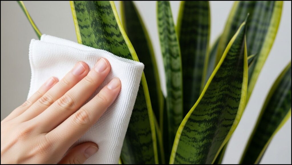 An Elegant Survivor: The Ultimate Guide on How to Take Care of a Snake Plant Indoors 3 gently wiping a snake plant's leaf