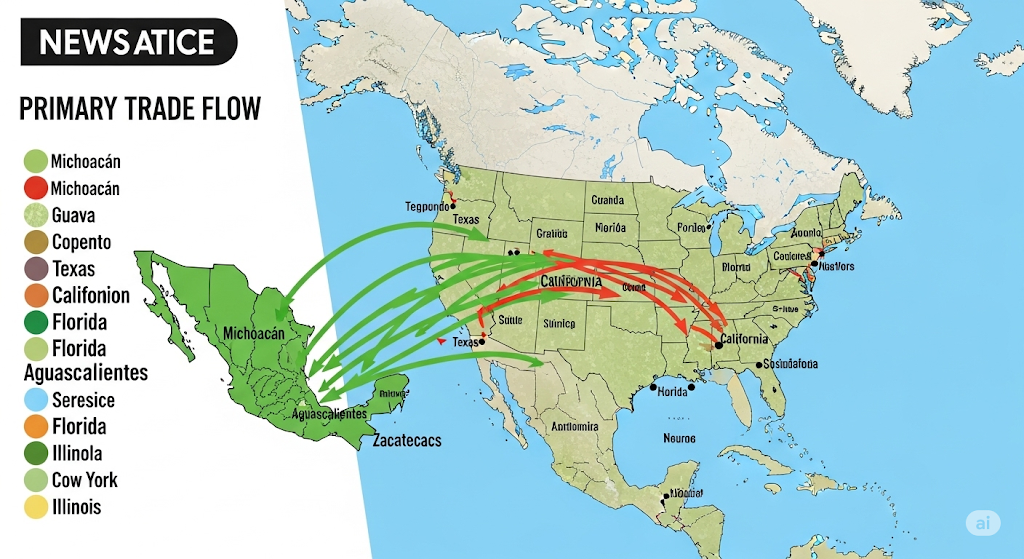 The Global Guava Trade: How Mexico Became the World’s Largest Guava Exporter 3 guava trade flow from producing regions in Mexico