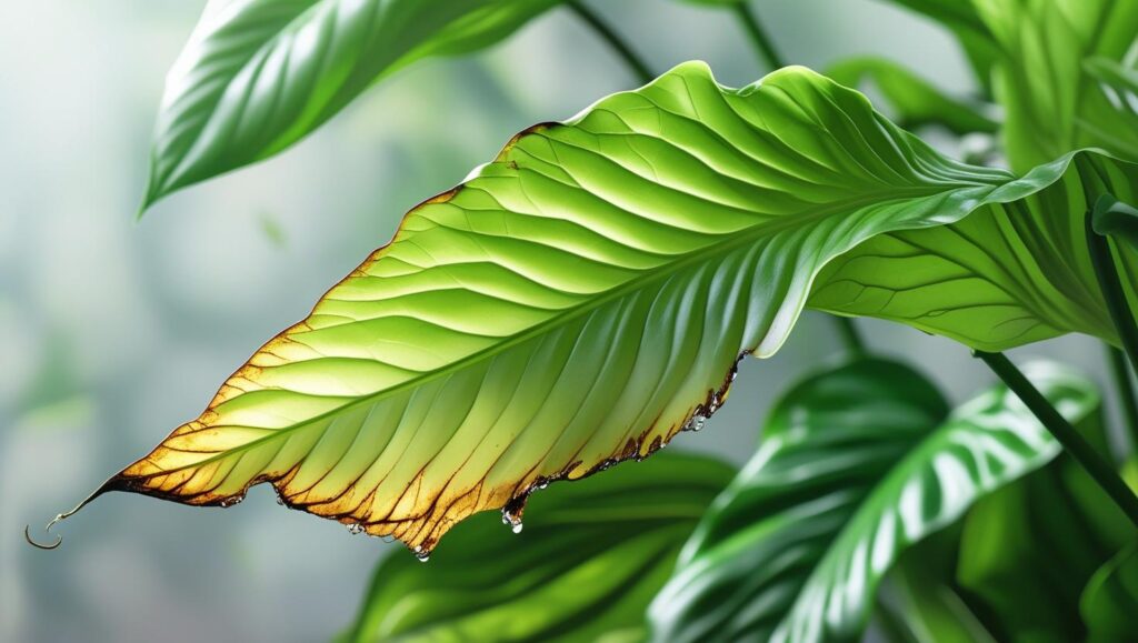 How Often Should You Watering a Peace Vine? A Comprehensive Guide 3 healthy Peace Vine leaf next to a yellowing leaf