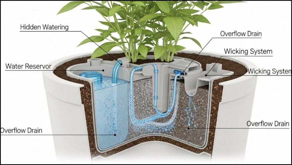 internal mechanics of a self-watering planter