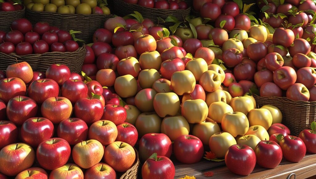 market stall overflowing with dozens of popular apple varieties
