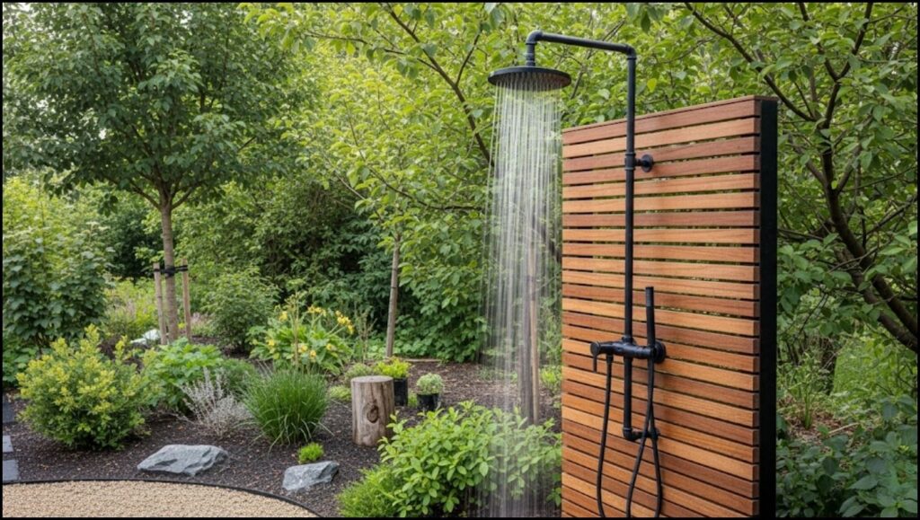 The Functional Fountain: 7 Outdoor Plumbing Ideas Redefining Garden Aesthetics 3 modern outdoor shower