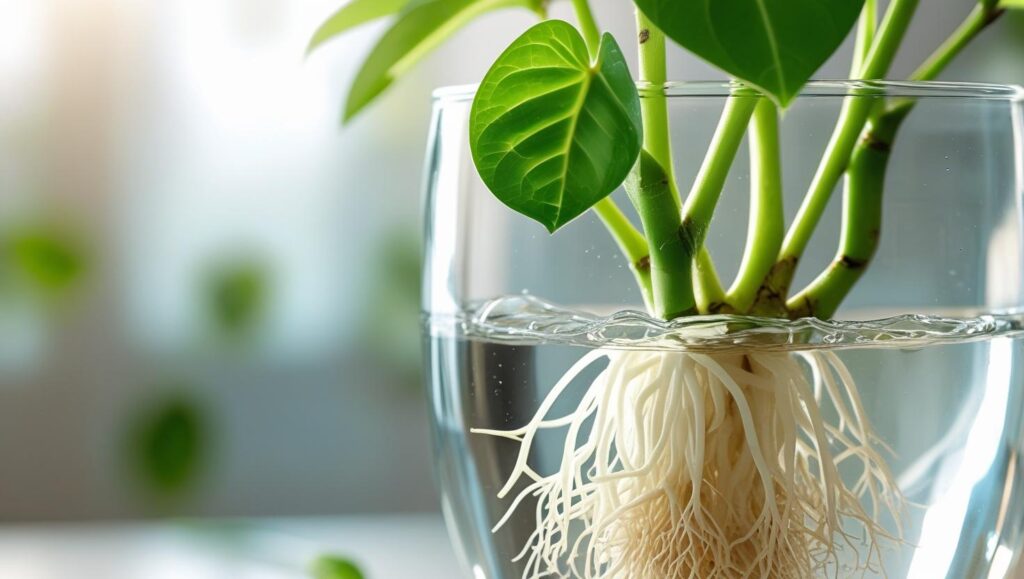 money plant cutting in a clear glass of water