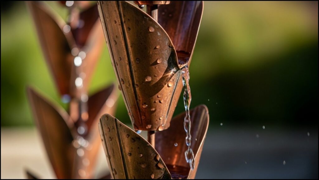 The Functional Fountain: 7 Outdoor Plumbing Ideas Redefining Garden Aesthetics 2 sculptural copper rain chain