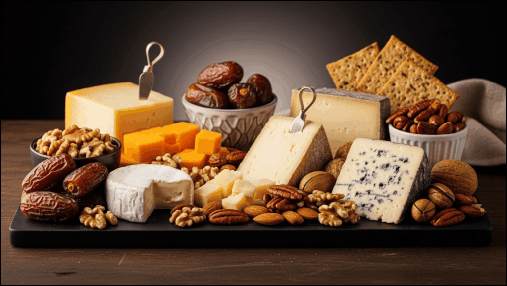 styled cheese board featuring all types of dates
