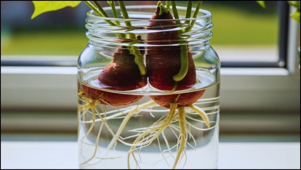 Simple Tips for a Bountiful Harvest: Growing Sweet Potatoes in Pots 2 sweet potato slips rooting in a jar