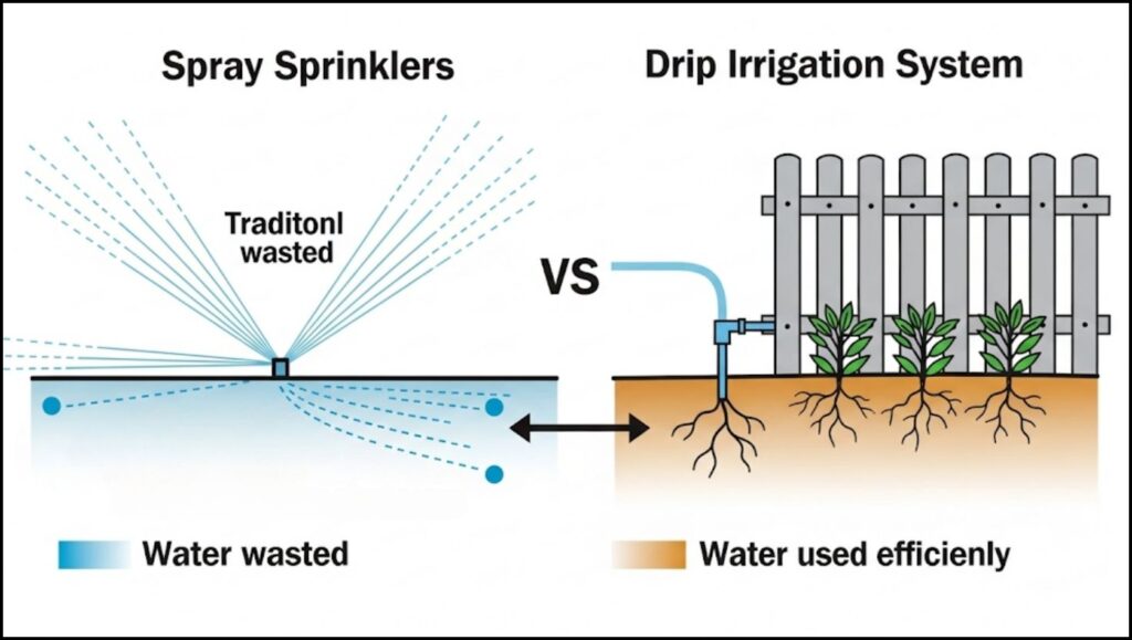 From Eyesore to Asset: 8 Decorative Fence Line Plumbing Ideas for Seamless Irrigation 2 traditional spray sprinklers vs targeted drip irrigation system