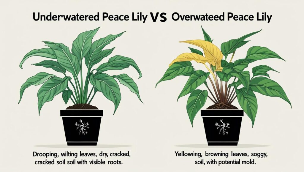 How Often Should You Water a Peace Lily? Experts Advise- 'Check the Soil, Not the Calendar' 2 underwatered peace lily and overwatered peace lily