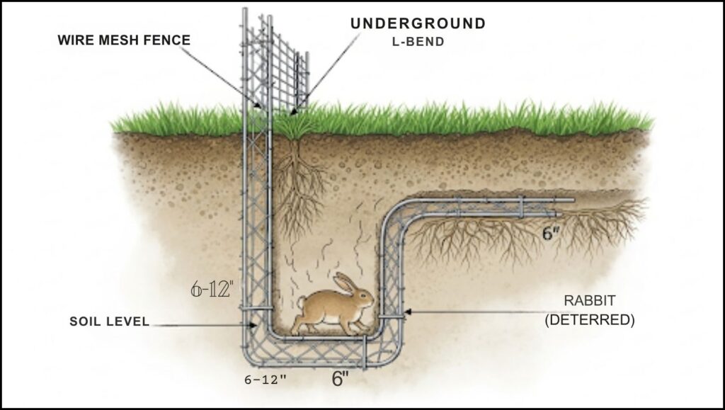 L-shaped buried fence to deter rabbits,