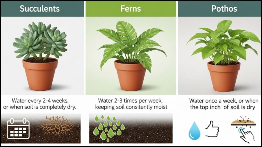 Showing different watering schedules for various plant