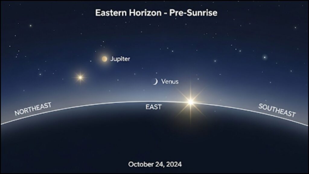 How to Watch the Rare Venus Jupiter Conjunction Lighting Up the Pre-Dawn Sky 2 Venus and Jupiter relative to the eastern horizon