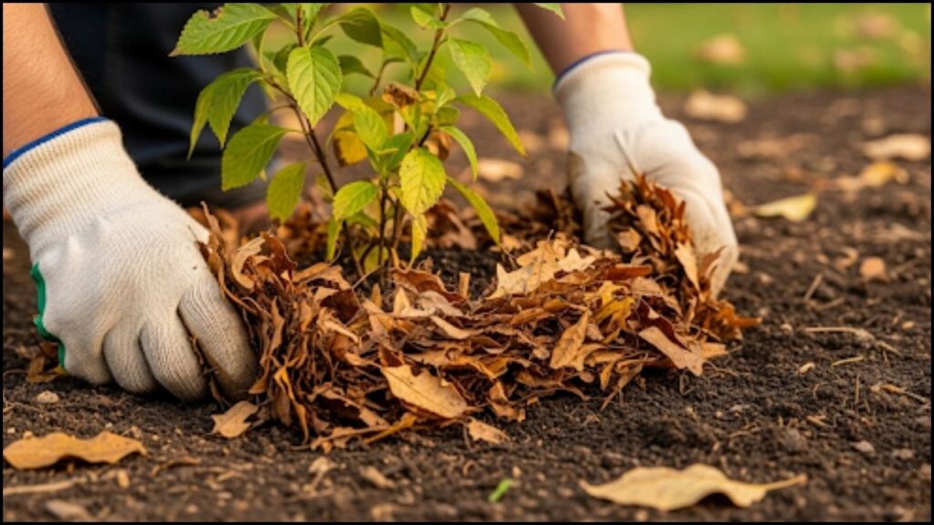 applying a layer of shredded leaf mulch