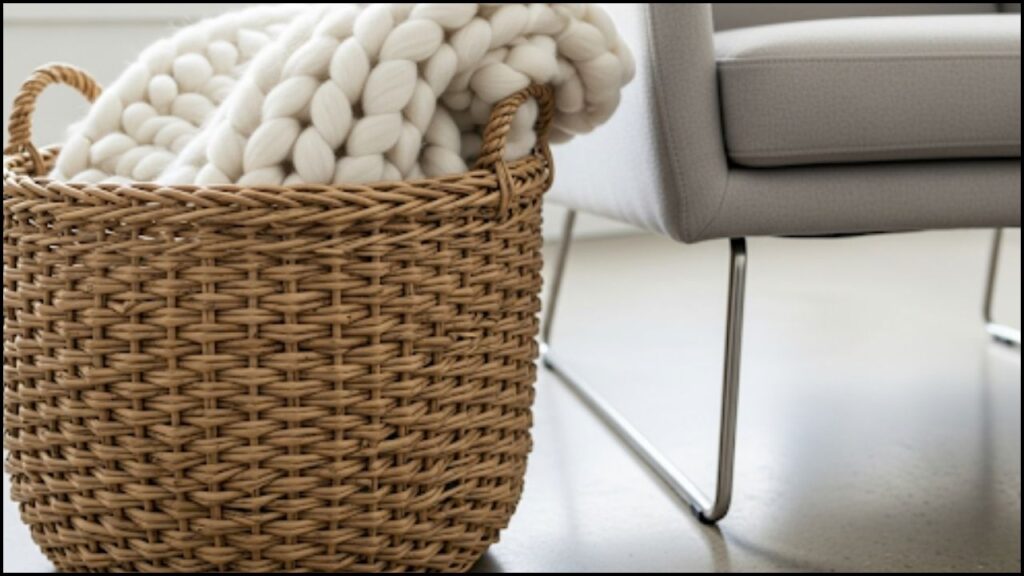 A Seasonal Shift: Designers Embrace Five Previously Outdated Fall Decor Trends 2 hand-woven rattan basket with a chunky wool blanket