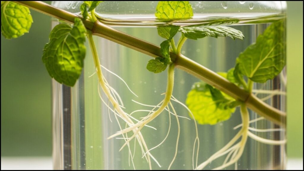 mint stem cutting with several small