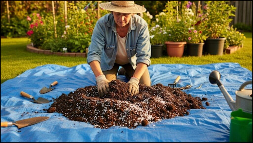 mixing old potting soil with fresh compost